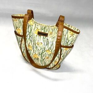 Longaberger Homestead Purse Handbag Leather Canvas‎ with Pockets Yellow Floral